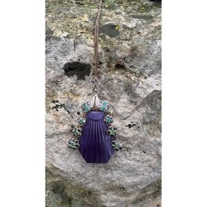 Vintage Purple Stone Pendant Necklace Green Rhinestone Ornate Statement